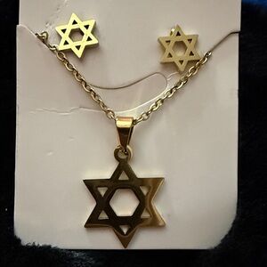 NWT Stainless Steel Gold Star of David Necklace 9” and Pierced Earring 1” Set